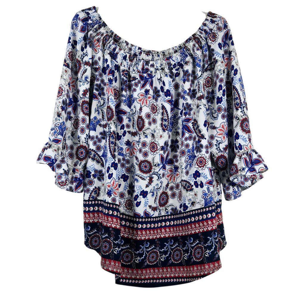 Q&A 2X White Floral Boat / Off the Shoulder Blouse | Ruffle Sleeves